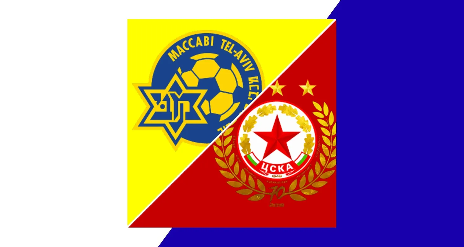 Maccabi Tel-Aviv and CSKA Sofia players competing on the pitch during a Europa League qualifying match.